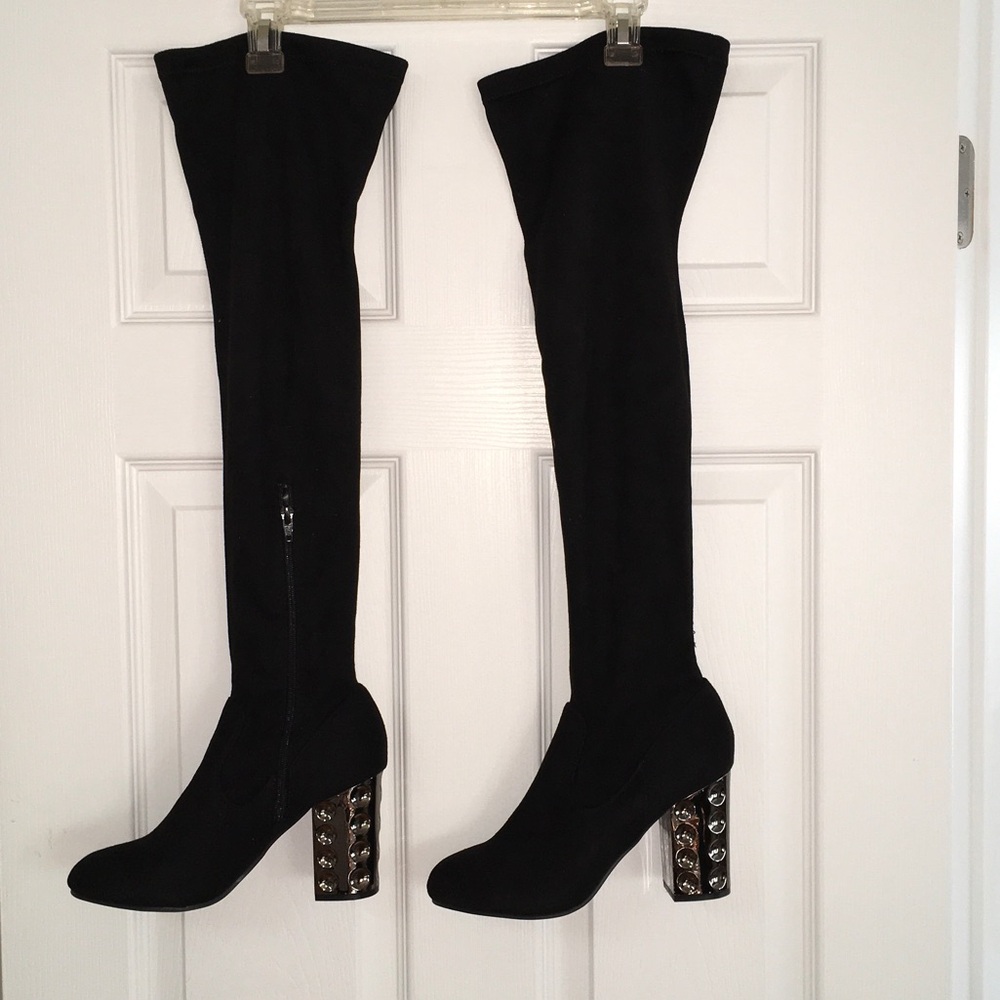 Carlos by Carlos Santana Black Quantum Over-The-Knee Boots with Metallic Heel
